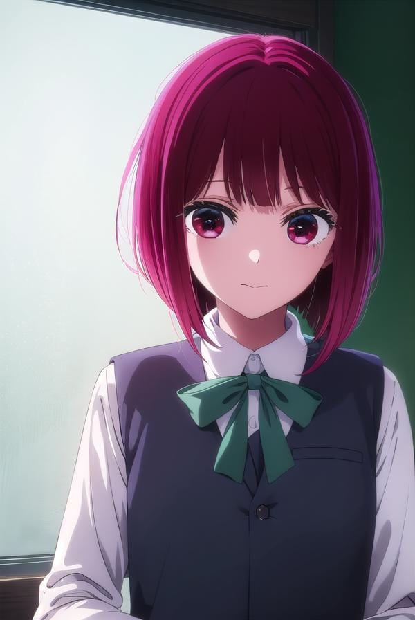 kanaarima, <lora:kana arima s1-lora-nochekaiser:1>,kana arima, short hair, bangs, (red eyes:1.3), red hair, bob cut, smile,BREAK long sleeves, school uniform, white shirt, collared shirt, vest, black vest,BREAK indoors,BREAK looking at viewer, (cowboy shot:1.5),BREAK <lyco:GoodHands-beta2:1>, (masterpiece:1.2), best quality, high resolution, unity 8k wallpaper, (illustration:0.8), (beautiful detailed eyes:1.6), extremely detailed face, perfect lighting, extremely detailed CG, (perfect hands, perfect anatomy),