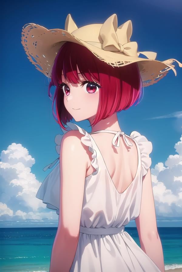 kanaarima, <lora:kana arima s1-lora-nochekaiser:1>,kana arima, short hair, bangs, (red eyes:1.3), red hair, bob cut, smile,BREAK hat, dress, ribbon, sleeveless, white dress, sleeveless dress, white headwear, sun hat, sundress,BREAK outdoors, ocean, beach, sun, sky, clouds, day,BREAK looking at viewer, (cowboy shot:1.5),BREAK <lyco:GoodHands-beta2:1>, (masterpiece:1.2), best quality, high resolution, unity 8k wallpaper, (illustration:0.8), (beautiful detailed eyes:1.6), extremely detailed face, perfect lighting, extremely detailed CG, (perfect hands, perfect anatomy),