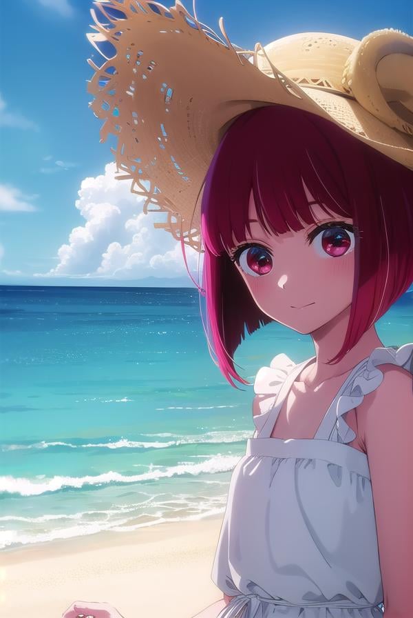 kanaarima, <lora:kana arima s1-lora-nochekaiser:1>,kana arima, short hair, bangs, (red eyes:1.3), red hair, bob cut, smile,BREAK hat, dress, ribbon, sleeveless, white dress, sleeveless dress, white headwear, sun hat, sundress,BREAK outdoors, ocean, beach, sun, sky, clouds, day,BREAK looking at viewer, (cowboy shot:1.5),BREAK <lyco:GoodHands-beta2:1>, (masterpiece:1.2), best quality, high resolution, unity 8k wallpaper, (illustration:0.8), (beautiful detailed eyes:1.6), extremely detailed face, perfect lighting, extremely detailed CG, (perfect hands, perfect anatomy),