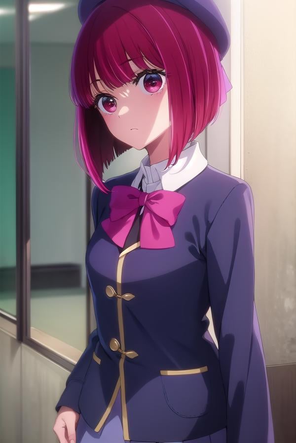 kanaarima, <lora:kana arima s1-lora-nochekaiser:1>,kana arima, short hair, bangs, (red eyes:1.3), red hair, bob cut,BREAK skirt, long sleeves, hat, bow, school uniform, jacket, pink bow, grey skirt, blue headwear,BREAK indoors, classroom,BREAK looking at viewer, (cowboy shot:1.5),BREAK <lyco:GoodHands-beta2:1>, (masterpiece:1.2), best quality, high resolution, unity 8k wallpaper, (illustration:0.8), (beautiful detailed eyes:1.6), extremely detailed face, perfect lighting, extremely detailed CG, (perfect hands, perfect anatomy),