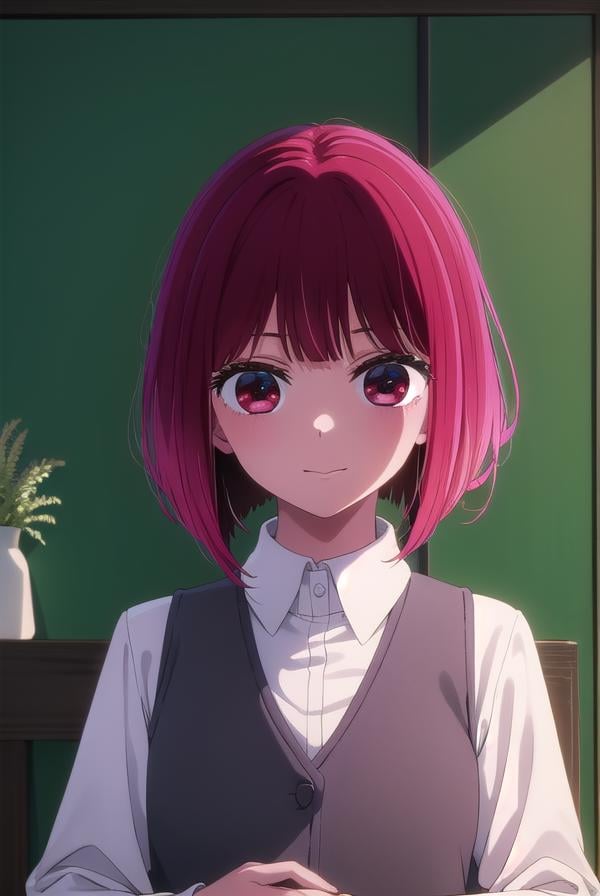 kanaarima, <lora:kana arima s1-lora-nochekaiser:1>,kana arima, short hair, bangs, (red eyes:1.3), red hair, bob cut, smile,BREAK long sleeves, school uniform, white shirt, collared shirt, vest, black vest,BREAK indoors,BREAK looking at viewer, (cowboy shot:1.5),BREAK <lyco:GoodHands-beta2:1>, (masterpiece:1.2), best quality, high resolution, unity 8k wallpaper, (illustration:0.8), (beautiful detailed eyes:1.6), extremely detailed face, perfect lighting, extremely detailed CG, (perfect hands, perfect anatomy),