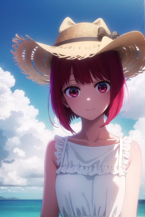 kanaarima, <lora:kana arima s1-lora-nochekaiser:1>,kana arima, short hair, bangs, (red eyes:1.3), red hair, bob cut, smile,BREAK hat, dress, ribbon, sleeveless, white dress, sleeveless dress, white headwear, sun hat, sundress,BREAK outdoors, ocean, beach, sun, sky, clouds, day,BREAK looking at viewer, (cowboy shot:1.5),BREAK <lyco:GoodHands-beta2:1>, (masterpiece:1.2), best quality, high resolution, unity 8k wallpaper, (illustration:0.8), (beautiful detailed eyes:1.6), extremely detailed face, perfect lighting, extremely detailed CG, (perfect hands, perfect anatomy),