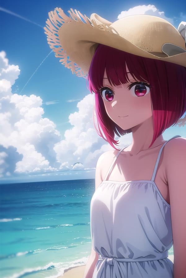 kanaarima, <lora:kana arima s1-lora-nochekaiser:1>,kana arima, short hair, bangs, (red eyes:1.3), red hair, bob cut, smile,BREAK hat, dress, ribbon, sleeveless, white dress, sleeveless dress, white headwear, sun hat, sundress,BREAK outdoors, ocean, beach, sun, sky, clouds, day,BREAK looking at viewer, (cowboy shot:1.5),BREAK <lyco:GoodHands-beta2:1>, (masterpiece:1.2), best quality, high resolution, unity 8k wallpaper, (illustration:0.8), (beautiful detailed eyes:1.6), extremely detailed face, perfect lighting, extremely detailed CG, (perfect hands, perfect anatomy),