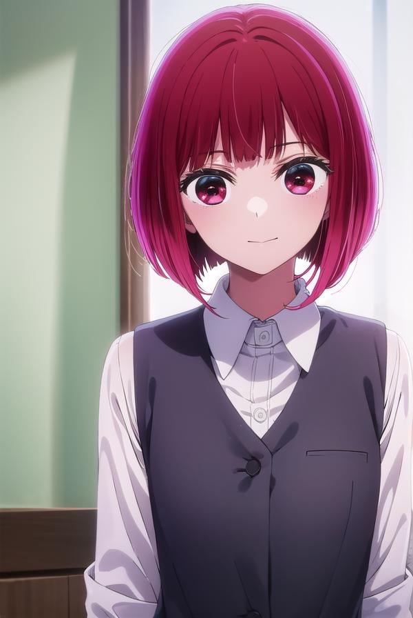 kanaarima, <lora:kana arima s1-lora-nochekaiser:1>,kana arima, short hair, bangs, (red eyes:1.3), red hair, bob cut, smile,BREAK long sleeves, school uniform, white shirt, collared shirt, vest, black vest,BREAK indoors,BREAK looking at viewer, (cowboy shot:1.5),BREAK <lyco:GoodHands-beta2:1>, (masterpiece:1.2), best quality, high resolution, unity 8k wallpaper, (illustration:0.8), (beautiful detailed eyes:1.6), extremely detailed face, perfect lighting, extremely detailed CG, (perfect hands, perfect anatomy),