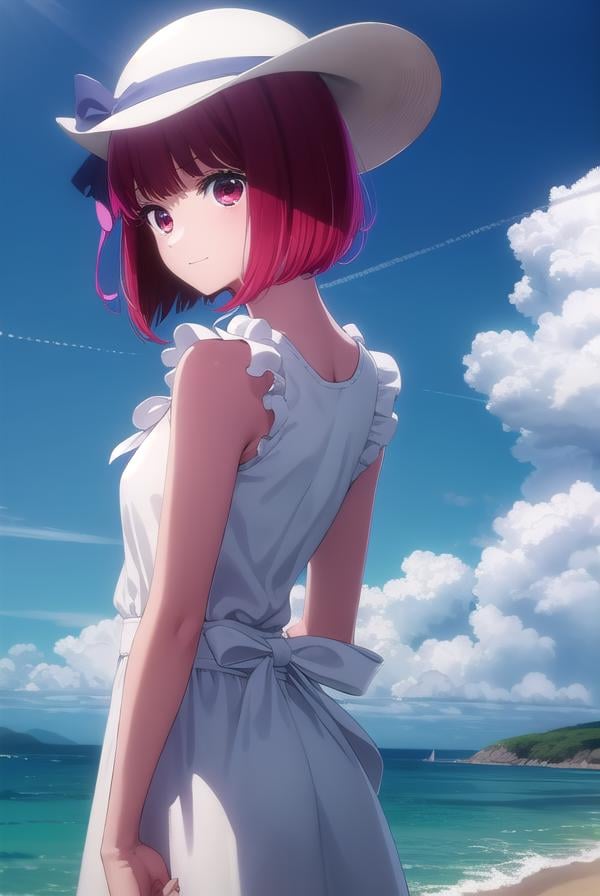 kanaarima, <lora:kana arima s1-lora-nochekaiser:1>,kana arima, short hair, bangs, (red eyes:1.3), red hair, bob cut, smile,BREAK hat, dress, ribbon, sleeveless, white dress, sleeveless dress, white headwear, sun hat, sundress,BREAK outdoors, ocean, beach, sun, sky, clouds, day,BREAK looking at viewer, (cowboy shot:1.5),BREAK <lyco:GoodHands-beta2:1>, (masterpiece:1.2), best quality, high resolution, unity 8k wallpaper, (illustration:0.8), (beautiful detailed eyes:1.6), extremely detailed face, perfect lighting, extremely detailed CG, (perfect hands, perfect anatomy),