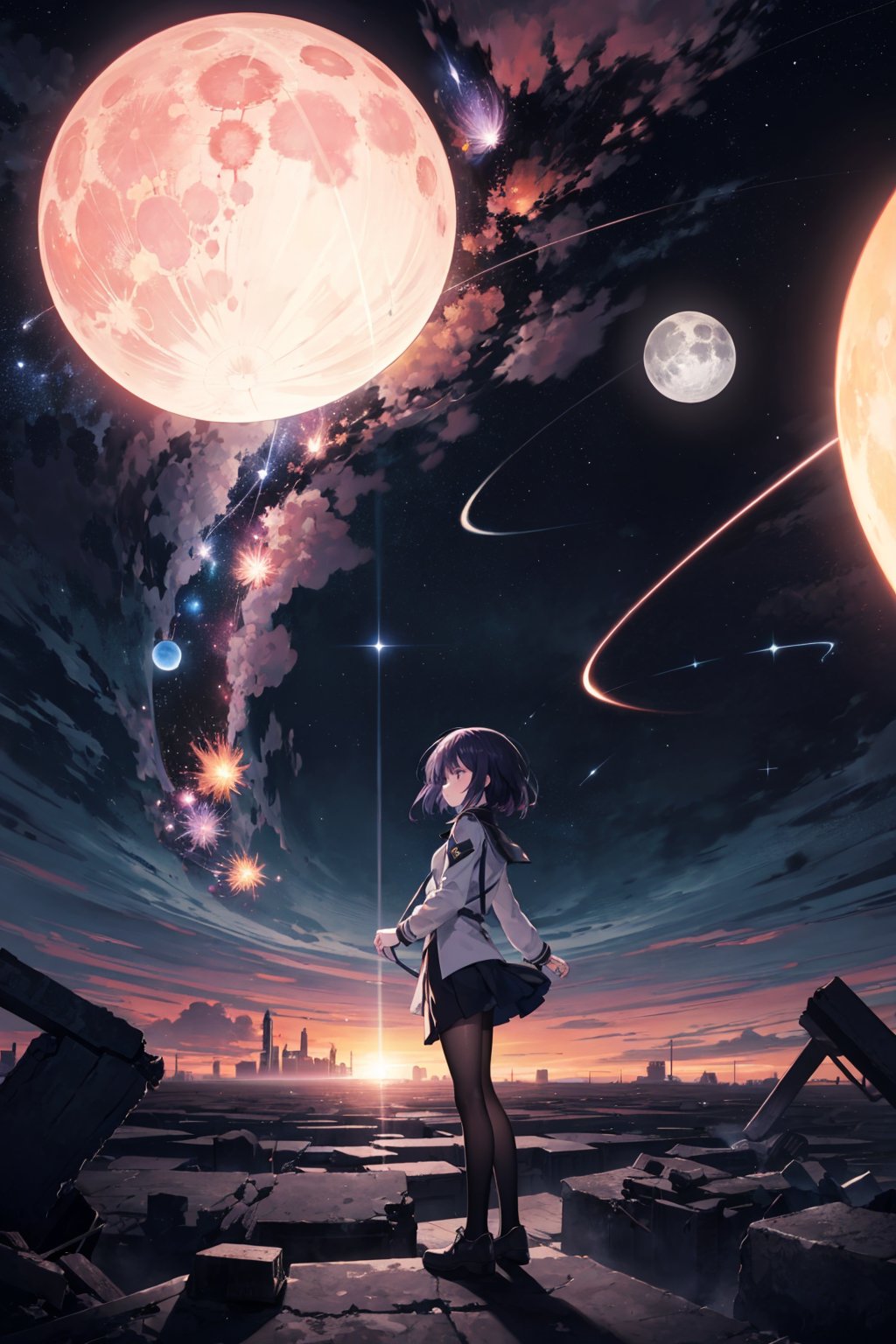 (analog film), (best quality, masterpiece), sunrise, anime girl, tall with short skirt, long black stockings, nice medium breasts, short hair, short purple hair, medium length, silhouette, landscape, milky way, high quality, 4K, big moon, star shower, planets, end of the world, galaxies, storms, meteor shower, black hole, universes, dark matter, dark energy, immense light, destroyed cities, nebula, two moons, giant planet in background, two moons impacting, space explosions, fantastic animals, space creatures, masterpiece, best quality