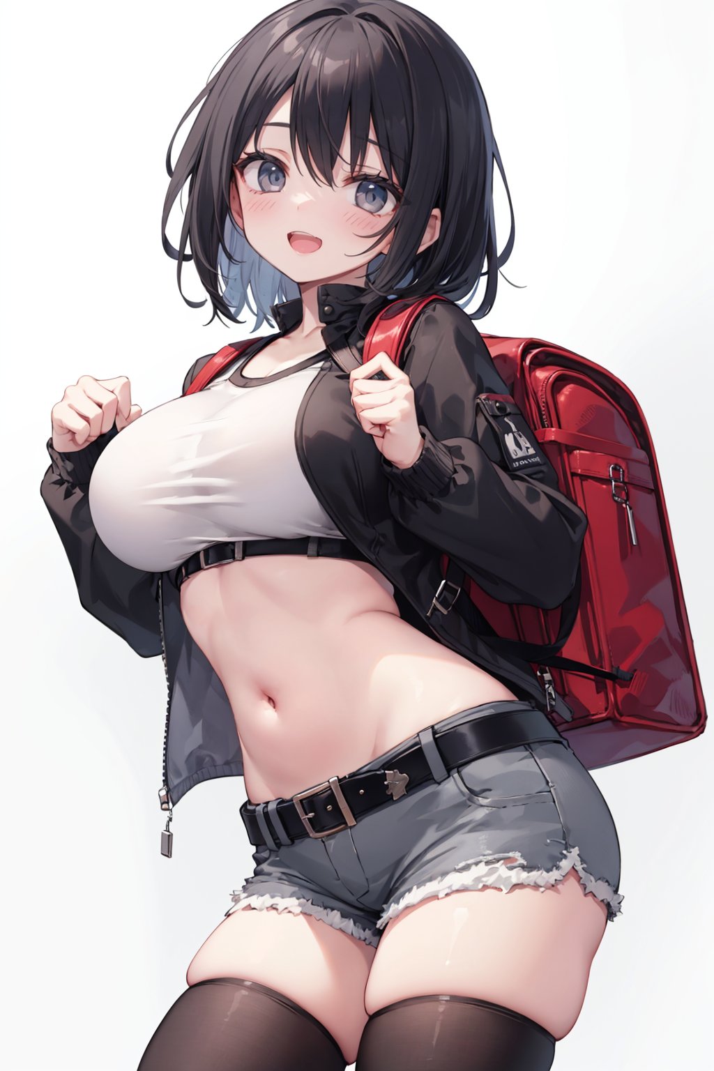 (analog film), large breast, 1girl, :d, backpack, bag, bangs, belt, black hair, black legwear, blush, breasts, cowboy shot, crop top, gradient, gradient background, grey background, jacket, long sleeves, looking at viewer, medium breasts, midriff, navel, open mouth, shorts, sidelocks, smile, solo, stomach