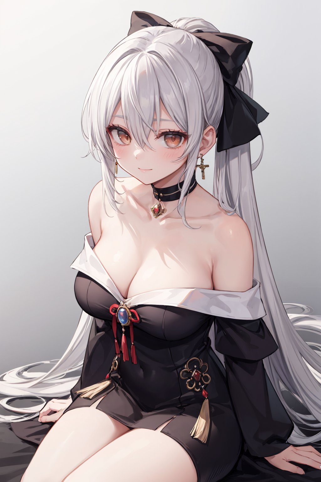 (best quality, masterpiece, High detailed ,Color magic, photorealistic, detailed, extremely detailed, 4K, detailed background, More Detail), anime girl, large breast, (Very beautiful), bangs, bare shoulders, bow, breasts, bronya zaychik, brown eyes, cleavage, closed mouth, collarbone, dress, drill hair, earrings, eyebrows visible through hair, gradient, gradient background, grey background, hair between eyes, hair bow, jewelry, long hair, looking at viewer, medium breasts, off shoulder, ribbon, silver hair, sitting, smile, solo, very long hair,