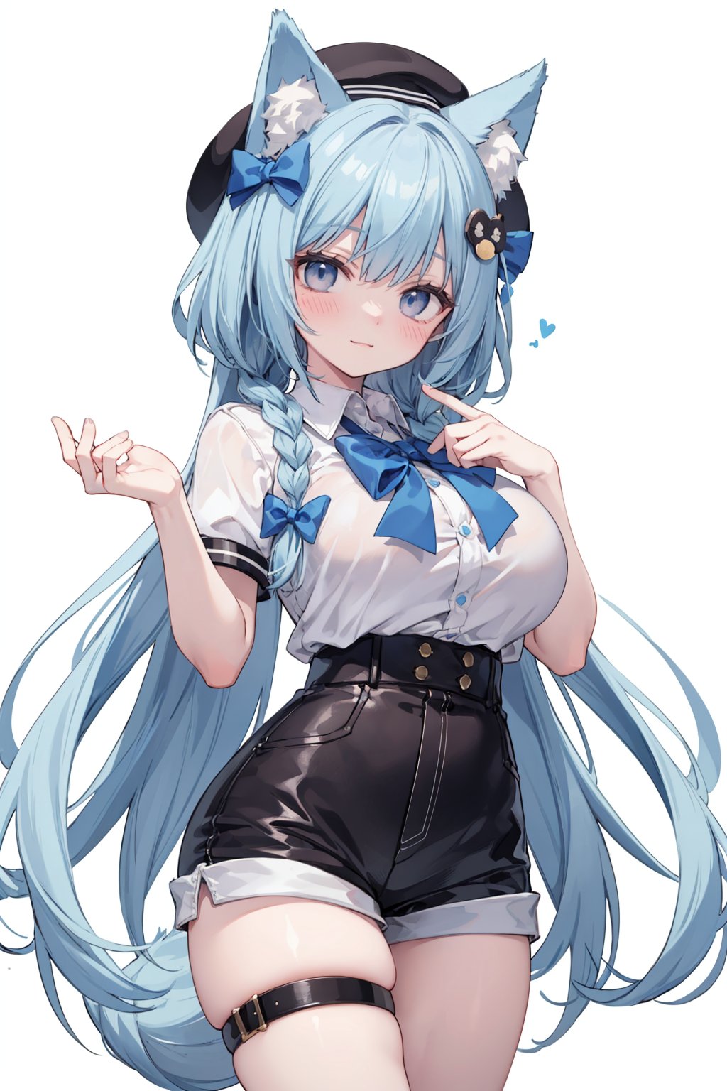 (analog film), large breast, 1girl, animal ears, blue bow, blush, bow, braid, breasts, closed mouth, hair ornament, hat, long hair, looking at viewer, medium breasts, shirt, short sleeves, shorts, simple background, smile, solo, thigh strap, very long hair, virtual youtuber, white background, white shirt