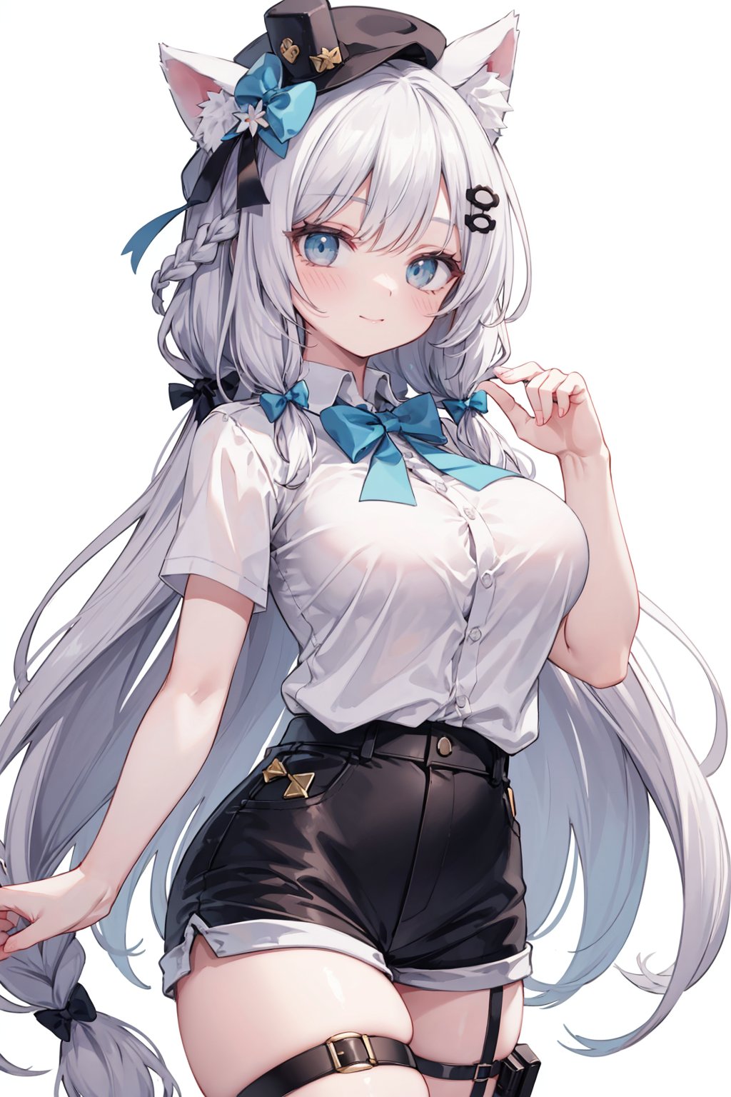 (analog film), large breast, 1girl, animal ears, blue bow, blush, bow, braid, breasts, closed mouth, hair ornament, hat, long hair, looking at viewer, medium breasts, shirt, short sleeves, shorts, simple background, smile, solo, thigh strap, very long hair, virtual youtuber, white background, white shirt