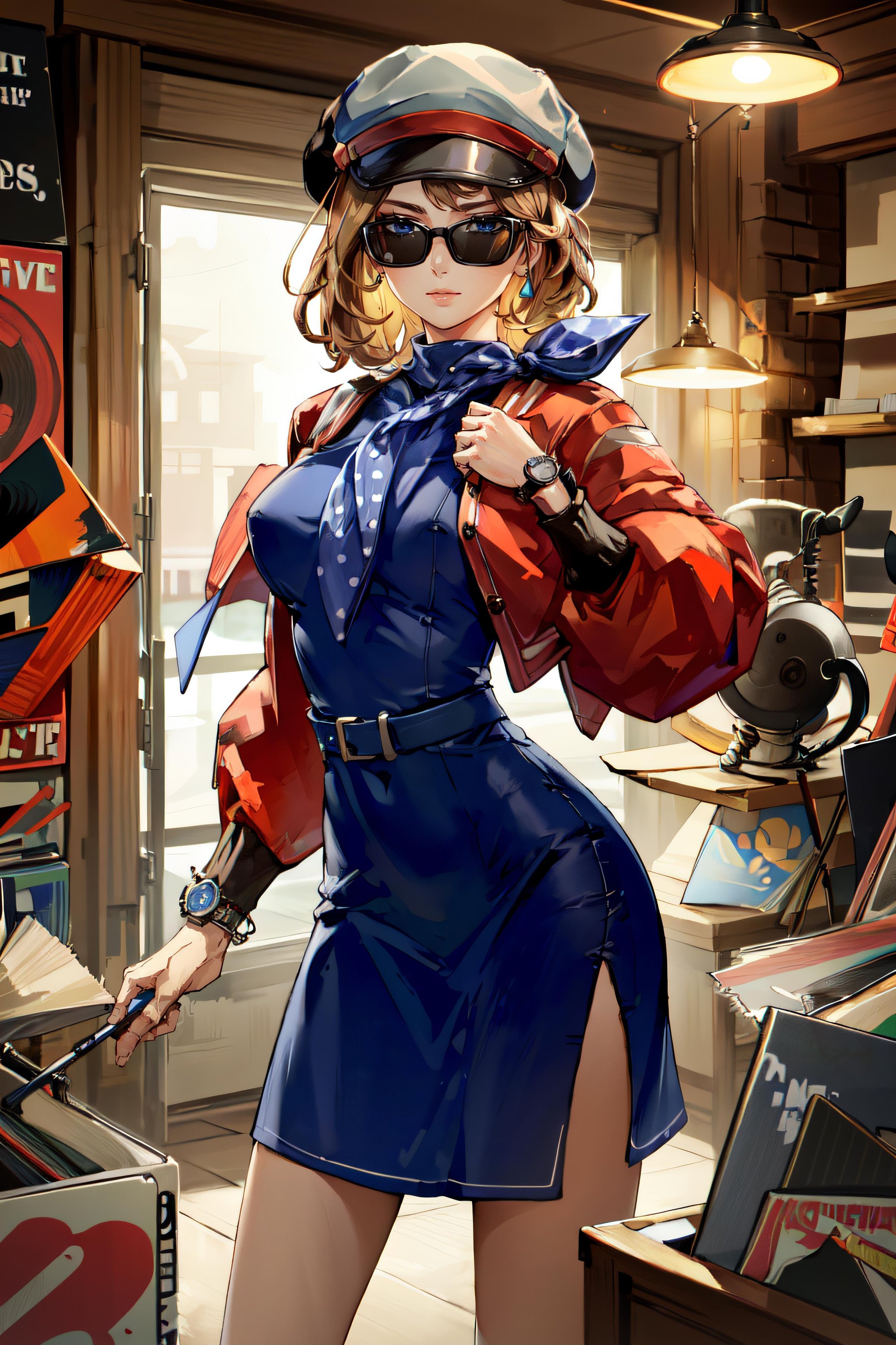 (masterpiece, best quality, ultra detailed, absurdres)1.5, 1girl, (sexy, beautiful woman, perfect face, perfect eyes, perfect female body, large breasts)1.5, (Regulus, short hair, brown hair, long sleeves, dress, jacket, scarf, neckerchief,  blue dress, white hat, sunglasses, wristwatch,  bangs, <lora:Regulus:0.7>), (standing, indoors, record store), perfect lighting, smooth, hdr