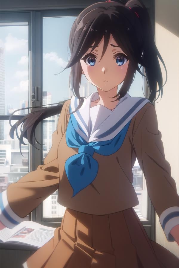 nozomikasaki, <lora:nozomi kasaki s2-lora-nochekaiser:1>,nozomi kasaki, kasaki nozomi, long hair, blue eyes, black hair, ponytail, hair between eyes,BREAK skirt, shirt, long sleeves, school uniform, pleated skirt, serafuku, neckerchief, (brown skirt:1.2), white sailor collar, (brown shirt:1.2), kitauji high school uniform, (blue neckerchief:1.5),BREAK indoors, classroom,BREAK looking at viewer, (cowboy shot:1.5),BREAK <lyco:GoodHands-beta2:1>, (masterpiece:1.2), best quality, high resolution, unity 8k wallpaper, (illustration:0.8), (beautiful detailed eyes:1.6), extremely detailed face, perfect lighting, extremely detailed CG, (perfect hands, perfect anatomy),