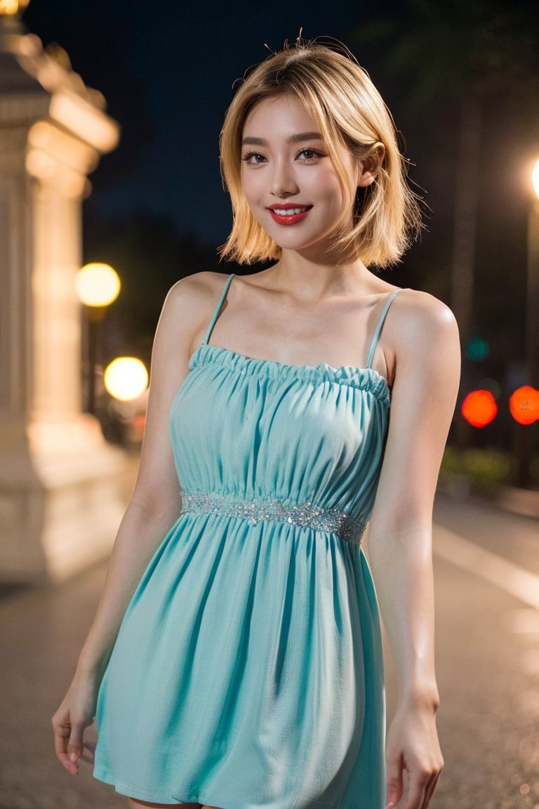 real life,  realistic,  standing,  Still cinematic shot,  realistic hairs,  filmgirl,  filmgirlxxx,  Cute goddess, ,  Glossy skin,  Cute girl, Masterpiece,  smile,  nighttime,  goddess,  short blonde hairs,  Dimples,  ((Cute Goddess Dress)),<lora:EMS-159383-EMS:0.700000>,<lora:EMS-179-EMS:0.600000>