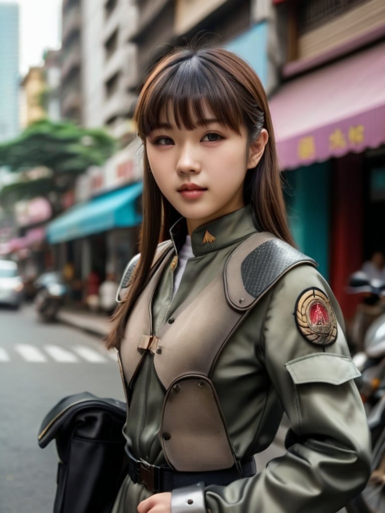 bsgvprunf uniform,asian girl with hair bangs, on a street
