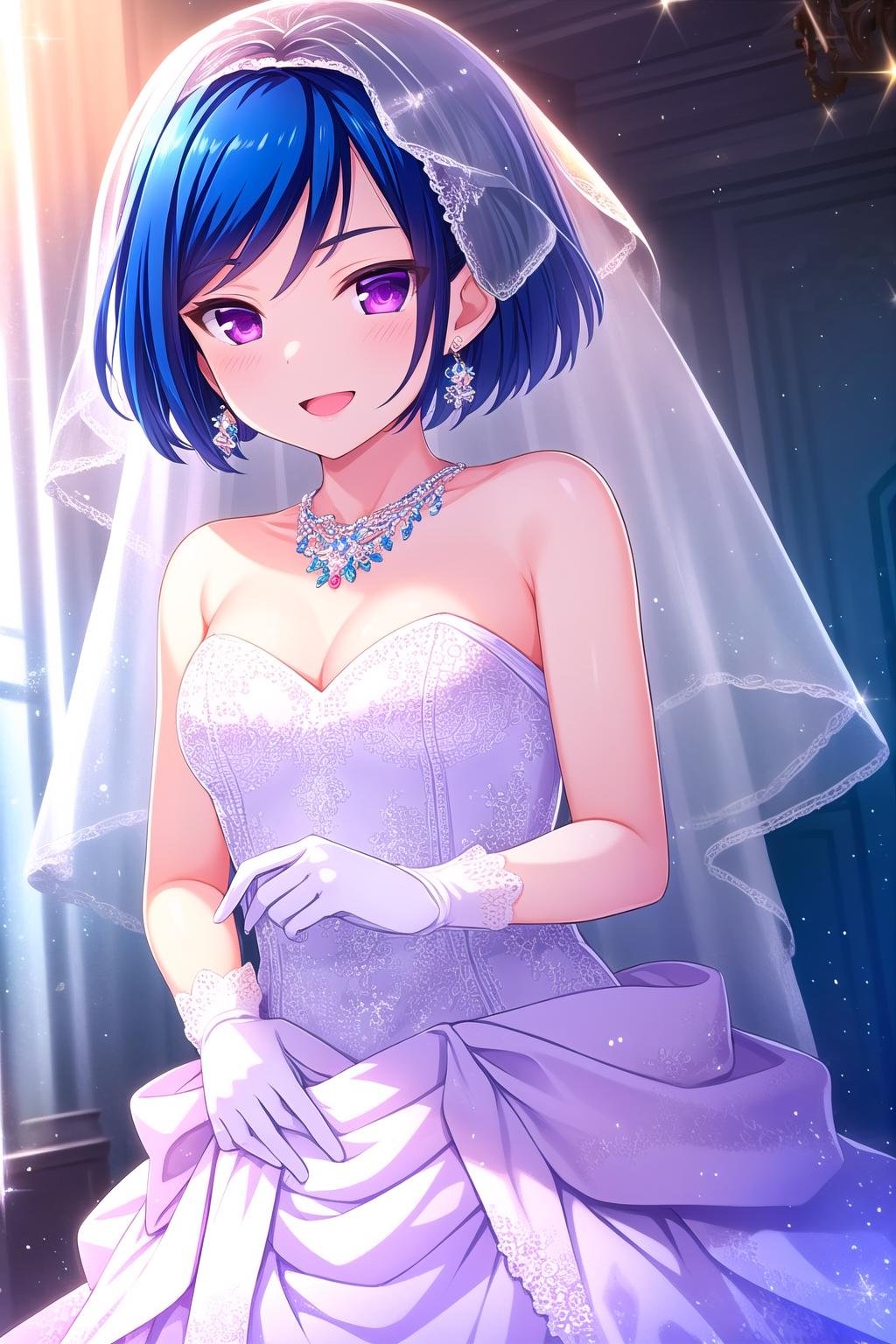 (masterpiece, best quality), highly detailed background, perfect lightingbest quality, akasegawamaki, solo, indoors, bridal veil, blue hair, short hair, earrings, purple eyes, necklace, jewelry, breasts, bare shoulders, white dress, wedding dress, <lora:GoodHands-vanilla:1>, white gloves, frilled skirt, smile, open mouth, pink lips, <lora:Akasegawa-Maki:0.7>