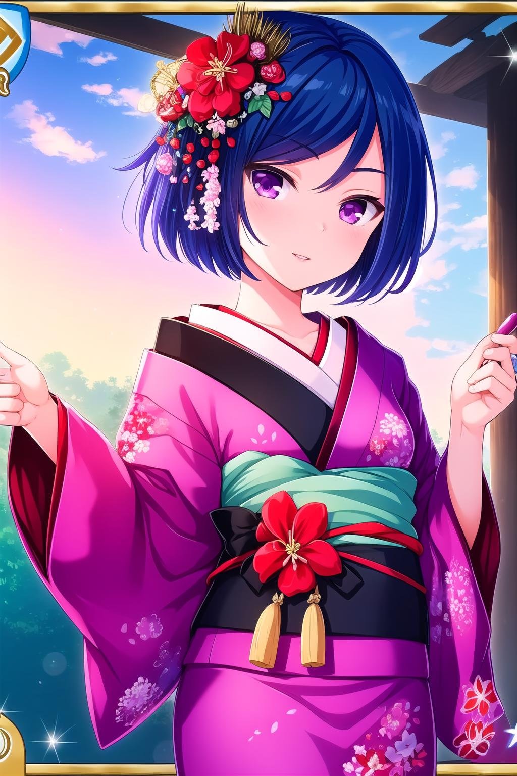 (masterpiece, best quality), highly detailed background, perfect lightingbest quality, akasegawamaki, solo, outdoors, blue hair, hair flower, short hair, purple eyes, breasts, black kimono, floral print, <lora:GoodHands-vanilla:1>, purple sash, japanese clothes, smile, closed mouth, parted lips, pink lips, <lora:Akasegawa-Maki:0.7>