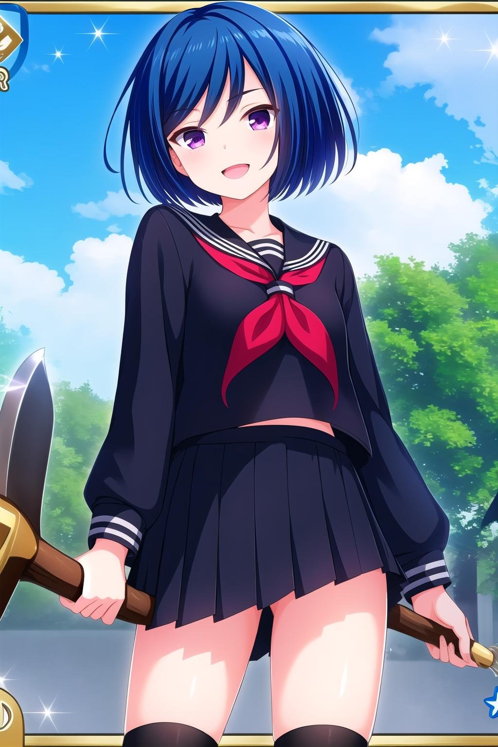 (masterpiece, best quality), highly detailed background, perfect lightingbest quality, akasegawamaki, solo, outdoors, night, blue hair, short hair, purple eyes, breasts, black serafuku, black shirt, red sailor collar, long sleeves, <lora:GoodHands-vanilla:1>, holding, axe, black skirt, pleated skirt, school uniform, thighhighs, smile, open mouth, pink lips, <lora:Akasegawa-Maki:0.7>