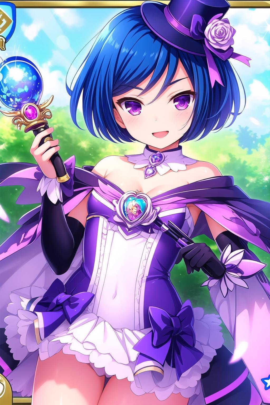 (masterpiece, best quality), highly detailed background, perfect lightingbest quality, akasegawamaki, solo, outdoors, magical girl, mini top hat, blue hair, short hair, hair flower, purple eyes, purple capelet, breasts, bare shoulders, purple dress, <lora:GoodHands-vanilla:1>, purple gloves, holding wand, frills, smile, open mouth, pink lips, <lora:Akasegawa-Maki:0.7>