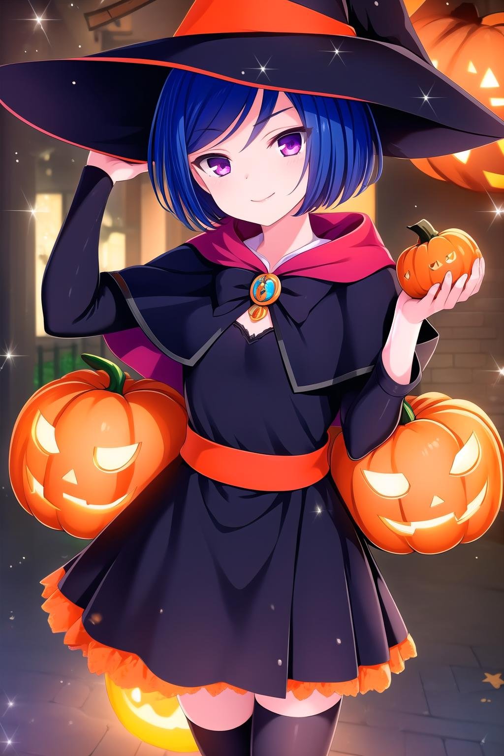 (masterpiece, best quality), highly detailed background, perfect lightingbest quality, akasegawamaki, solo, outdoors, halloween, witch, witch hat, blue hair, short hair, purple eyes, breasts, capelet, black dress, <lora:GoodHands-vanilla:1>, black skirt, long skirt, halloween costume, thighhighs, smile, closed mouth, pink lips, <lora:Akasegawa-Maki:0.7>