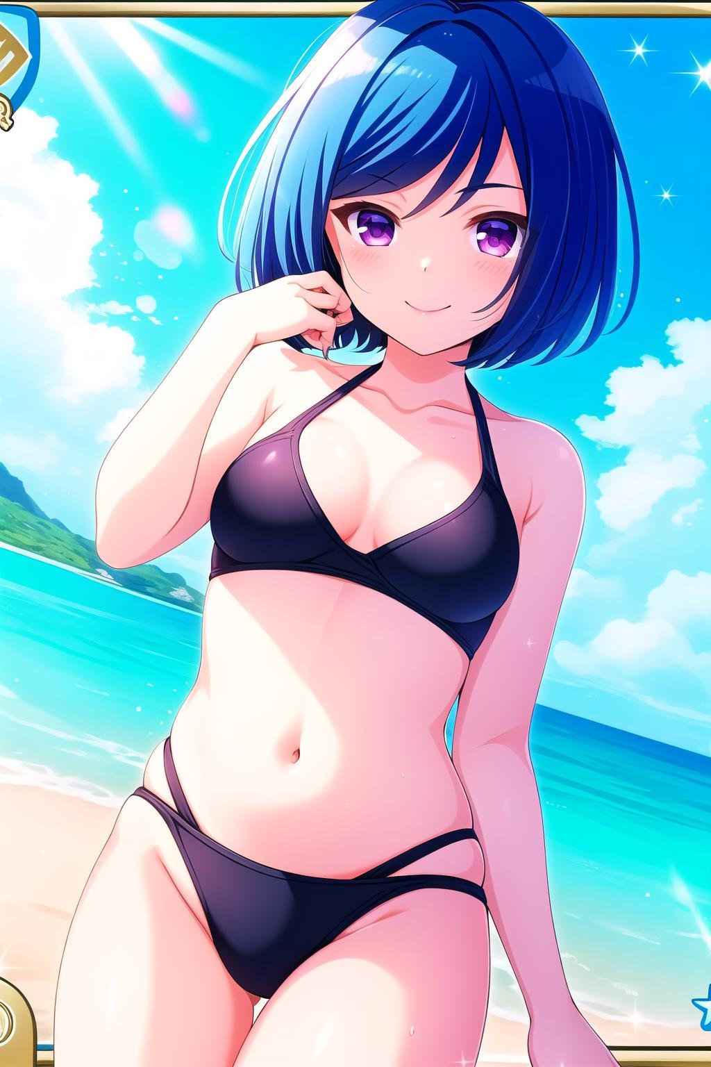 (masterpiece, best quality), highly detailed background, perfect lightingbest quality, akasegawamaki, solo, outdoors, beach, blue hair, short hair, purple eyes, breasts, black bikini, <lora:GoodHands-vanilla:1>, swimsuit, smile, closed mouth, pink lips, <lora:Akasegawa-Maki:0.7>