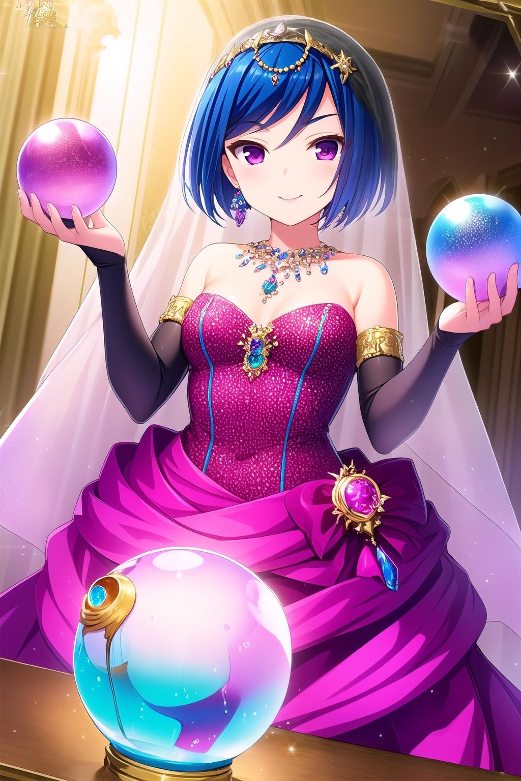 (masterpiece, best quality), highly detailed background, perfect lightingbest quality, akasegawamaki, solo, indoors, veil, circlet, blue hair, short hair, earrings, purple eyes, necklace, jewelry, crescent, breasts, bare shoulders, blue dress, <lora:GoodHands-vanilla:1>, gloves, crystal ball, bridal gauntlets, smile, closed mouth, pink lips, <lora:Akasegawa-Maki:0.7>