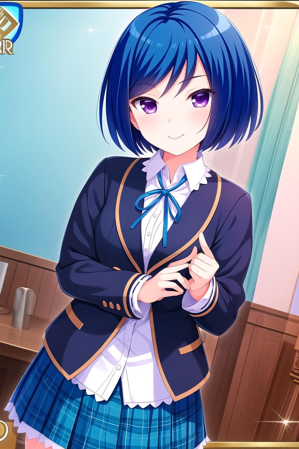 (masterpiece, best quality), highly detailed background, perfect lightingbest quality, akasegawamaki, solo, indoors, blue hair, short hair, purple eyes, breasts, blue jacket, blazer, blue ribbon, white shirt, frills, <lora:GoodHands-vanilla:1>, blue skirt, plaid skirt, school uniform, thighhighs, smile, closed mouth, pink lips, <lora:Akasegawa-Maki:0.7>