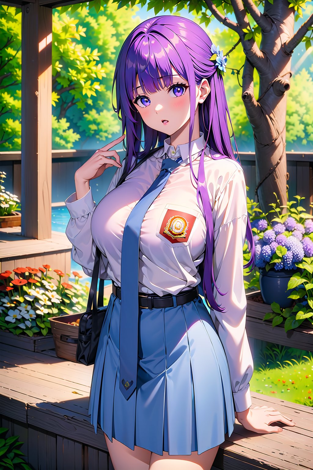 (masterpiece,  Visual_Anime,  more detail:1.1,  best quality:1.3),  (Outdoor:1.3),  highres,  detailed background,  FernFrieren,  1girl,  solo,  long hair,  looking at viewer,  blush,  bangs,  purple eyes,  Karakter Anime Pake Baju SMA,  blue skirt,  (((blue necktie))),  hair between eyes,  open mouth,  white shirt,  upper body,  standing,  kneehighs,  purple hair,  parted lips,  Lambang Osis SMA,  black belt,  hand up,  grass,  plant,  white flower,  red flower,  nature,  scenery,  forest,  blue flower,  light rays,  yellow flower,  path,  tree stump,  blurry,  blurry background,  sunlight,  mature,  large breasts,  looking at viewer,  open mouthBREAK (long white sleeve:1.2),  upper body,  shiny hair,  anime color,  Anime,  ,  VisualAnime, , FernFrieren,<lora:EMS-159448-EMS:0.800000>,<lora:EMS-72208-EMS:0.600000>