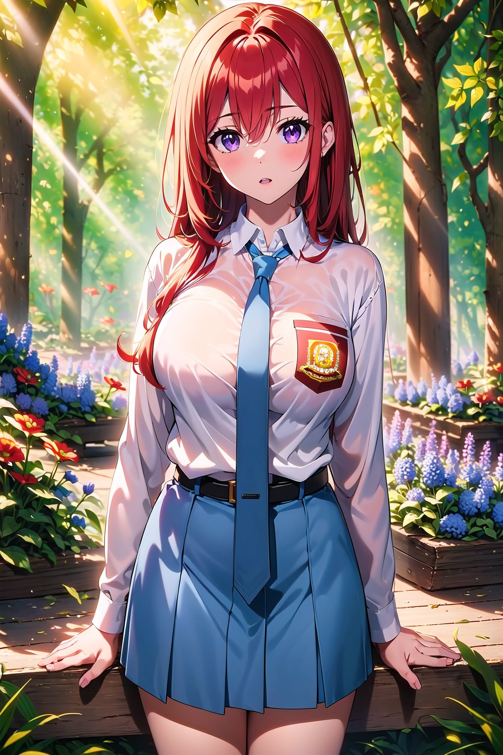 (masterpiece,  Visual_Anime,  more detail:1.1,  best quality:1.3),  (Outdoor:1.3),  highres,  detailed background,  Makise_Kurisu,  1girl,  solo,  long hair,  looking at viewer,  blush,  bangs,  purple eyes,  Karakter Anime Pake Baju SMA,  blue skirt,  (((blue necktie))),  hair between eyes,  open mouth,  white shirt,  upper body,  standing,  kneehighs,  red hair,  parted lips,  Lambang Osis SMA,  black belt,  hand up,  grass,  plant,  white flower,  red flower,  nature,  scenery,  forest,  blue flower,  light rays,  yellow flower,  path,  tree stump,  blurry,  blurry background,  sunlight,  mature,  large breasts,  looking at viewer,  open mouth BREAK (long white sleeve:1.2),  upper body,  shiny hair,  anime color,  Anime, , VisualAnime, komako,<lora:EMS-159448-EMS:0.800000>