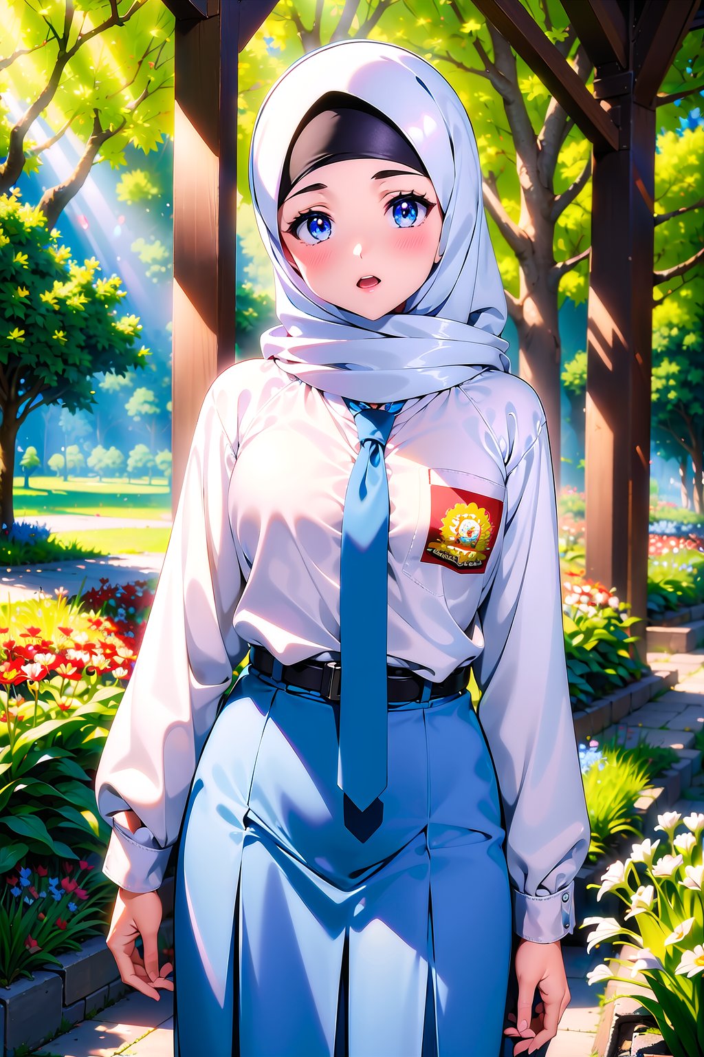 (masterpiece,  Visual_Anime,  more detail:1.1,  Long Hijab,  best quality:1.3),  (Outdoor:1.3),  highres,  detailed background,  FernFrieren,  1girl,  solo,  Penghijaban_Anime_Massal,  looking at viewer,  blush,  Hijab Anime,  purple eyes,  Karakter Anime Pake Baju SMA,  (((blue skirt))),  long skirt,  open mouth,  white shirt,  Lambang Osis SMA,  upper body,  standing,  kneehighs,  ((white Hijab)),  parted lips,  black belt,  hand up,  grass,  plant,  white flower,  red flower,  nature,  scenery,  forest,  blue flower,  light rays,  yellow flower,  path,  tree stump,  blurry,  blurry background,  sunlight,  mature,  looking at viewer,  open mouthBREAK (long white sleeve:1.2),  long hijab,  upper body,  anime color,  Anime Screencaps,  Lambang Osis SMA,  Blue necktie,<lora:EMS-159448-EMS:0.750000>