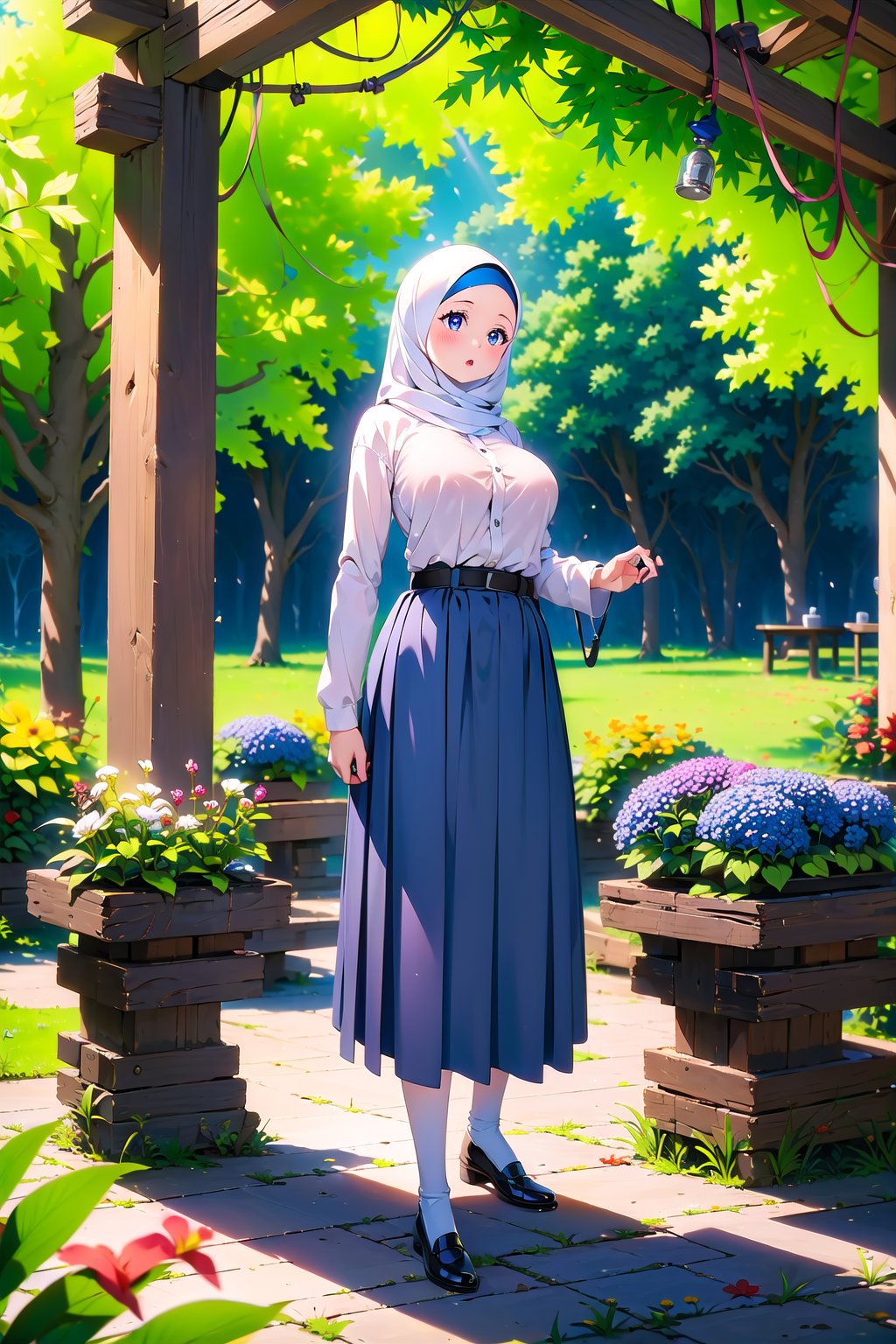 (masterpiece,  Visual_Anime,  more detail:1.1,  best quality:1.3),  (Outdoor:1.3),  highres,  detailed background,  FernFrieren,  1girl,  solo,  Penghijaban_Anime_Massal,  looking at viewer,  blush,  Hijab Anime,  purple eyes,  Karakter Anime Pake Baju SMA,  (((blue skirt))),  long skirt,  open mouth,  white shirt,  upper body,  standing,  kneehighs,  ((white Hijab)),  parted lips,  black belt,  hand up,  grass,  plant,  white flower,  red flower,  nature,  scenery,  forest,  blue flower,  light rays,  yellow flower,  path,  tree stump,  blurry,  blurry background,  sunlight,  mature,  large breasts,  looking at viewer,  open mouthBREAK (long white sleeve:1.2),  hijab covered breasts,  long hijab,  upper body,  anime color,  Anime Screencaps,  Lambang Osis SMA,<lora:EMS-159448-EMS:0.850000>,<lora:EMS-72208-EMS:0.600000>