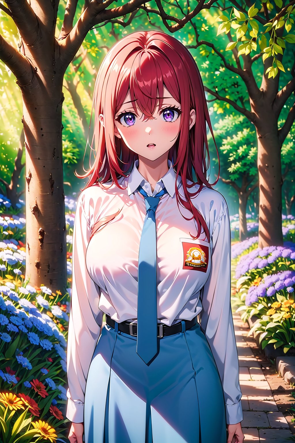 (masterpiece,  Visual_Anime,  more detail:1.1,  best quality:1.3),  (Outdoor:1.3),  highres,  detailed background,  Makise_Kurisu,  1girl,  solo,  long hair,  looking at viewer,  blush,  bangs,  purple eyes,  Karakter Anime Pake Baju SMA,  blue skirt,  (((blue necktie))),  hair between eyes,  open mouth,  white shirt,  upper body,  standing,  kneehighs,  red hair,  parted lips,  Lambang Osis SMA,  black belt,  hand up,  grass,  plant,  white flower,  red flower,  nature,  scenery,  forest,  blue flower,  light rays,  yellow flower,  path,  tree stump,  blurry,  blurry background,  sunlight,  mature,  large breasts,  looking at viewer,  open mouthBREAK (long white sleeve:1.2),  upper body,  shiny hair,  anime color,  Anime, , VisualAnime, komako, Karakter_Anime_Pake_Baju_SMA,<lora:EMS-159448-EMS:0.800000>