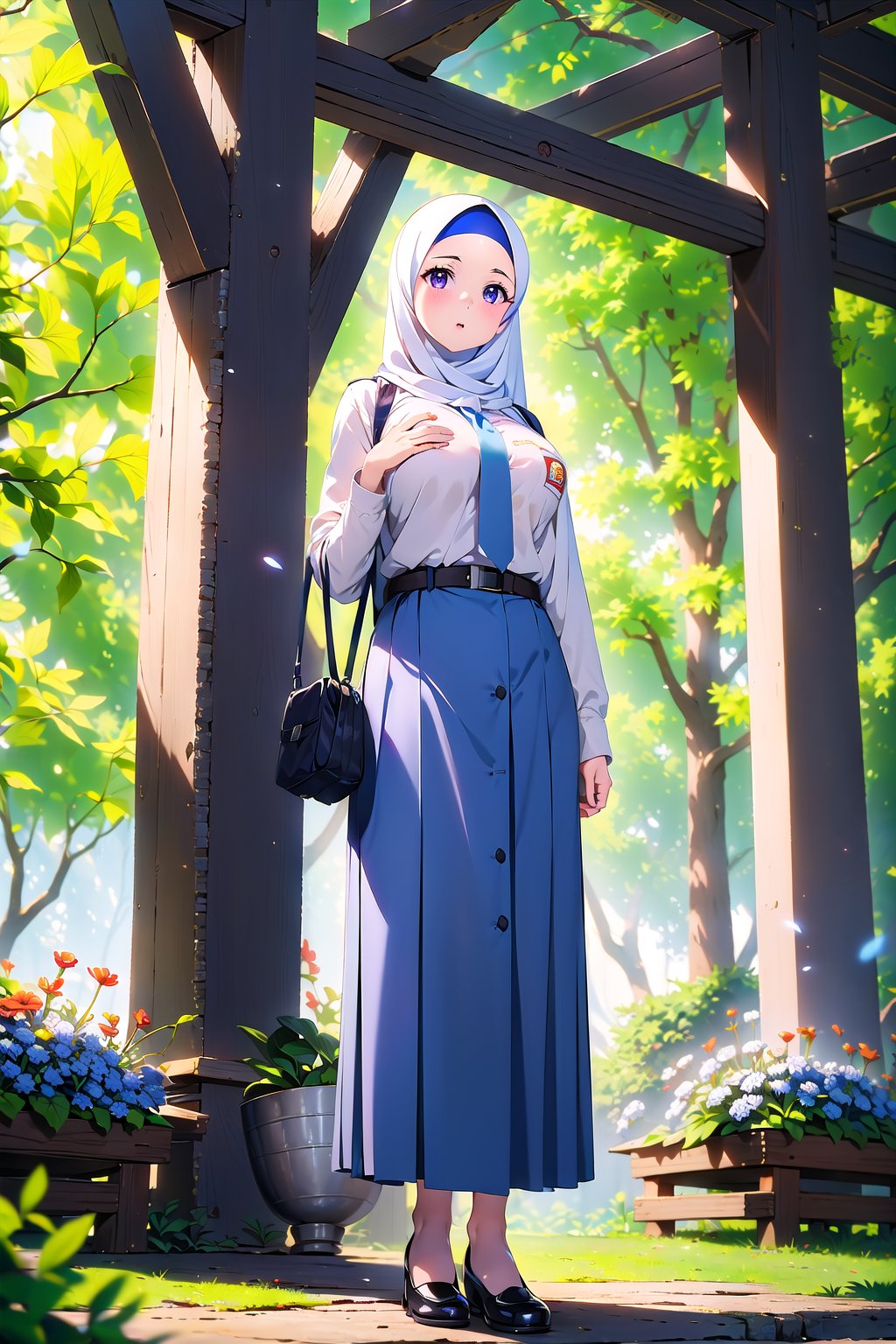 (masterpiece,  Visual_Anime,  more detail:1.1,  best quality:1.3),  (Outdoor:1.3),  highres,  detailed background,  FernFrieren,  1girl,  solo,  Penghijaban_Anime_Massal,  looking at viewer,  blush,  Hijab Anime,  purple eyes,  Karakter Anime Pake Baju SMA,  (((blue skirt))),  long skirt,  open mouth,  white shirt,  Lambang Osis SMA,  upper body,  standing,  kneehighs,  ((white Hijab)),  parted lips,  black belt,  hand up,  grass,  plant,  white flower,  red flower,  nature,  scenery,  forest,  blue flower,  light rays,  yellow flower,  path,  tree stump,  blurry,  blurry background,  sunlight,  mature,  large breasts,  looking at viewer,  open mouthBREAK (long white sleeve:1.2),  hijab over breasts,  long hijab,  upper body,  anime color,  Anime Screencaps,  Lambang Osis SMA,  Blue necktie,<lora:EMS-159448-EMS:0.850000>,<lora:EMS-72208-EMS:0.600000>