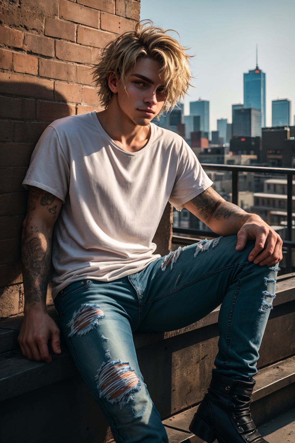 Grunge style 25 year old man,blond hair,glossy eyes,extremely handsome,stubble,skin pores,glossy eyes,(messy hair),tight white tshirt,denim jeans,torn jeans,golden hour,emo,sitting on the ledge of a city rooftop,Thorough,analog style,eye focus,highest quality,(highly detailed skin),perfect face,skin pores,(bokeh:0.6),sharp focus,dappled lighting,(backlighting:0.7),film grain,photographed on a Sony A7R IV,18mm F/1.7 cine lens,(highly detailed, intricately detailed),8k,HDR,front view,(upper body:0.9),, Thorough,analog style,female focus,highest quality,(highly detailed skin),perfect face,skin pores,(bokeh:0.6),sharp focus,dappled lighting,(backlighting:0.7),film grain,photographed on a Sony A7R IV,18mm F/1.7 cine lens,(highly detailed, intricately detailed),8k,HDR,front view,(full body visible:1.2) . Textured, distressed, vintage, edgy, punk rock vibe, dirty, noisy