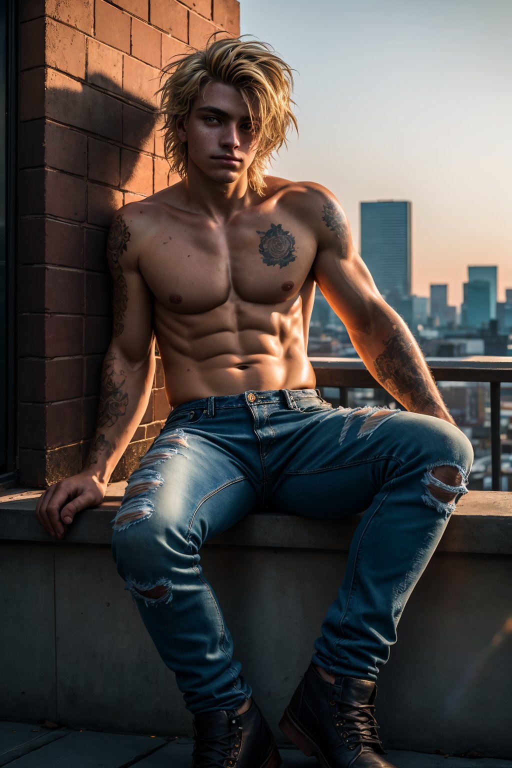 Grunge style 25 year old man,blond hair,glossy eyes,extremely handsome,stubble,skin pores,glossy eyes,(messy hair),shirtless,denim jeans,torn jeans,golden hour,emo,sitting on the ledge of a city rooftop,Thorough,analog style,eye focus,highest quality,(highly detailed skin),perfect face,skin pores,(bokeh:0.6),sharp focus,dappled lighting,(backlighting:0.7),film grain,photographed on a Sony A7R IV,18mm F/1.7 cine lens,(highly detailed, intricately detailed),8k,HDR,front view,(upper body:0.9),, Thorough,analog style,female focus,highest quality,(highly detailed skin),perfect face,skin pores,(bokeh:0.6),sharp focus,dappled lighting,(backlighting:0.7),film grain,photographed on a Sony A7R IV,18mm F/1.7 cine lens,(highly detailed, intricately detailed),8k,HDR,front view,(full body visible:1.2) . Textured, distressed, vintage, edgy, punk rock vibe, dirty, noisy