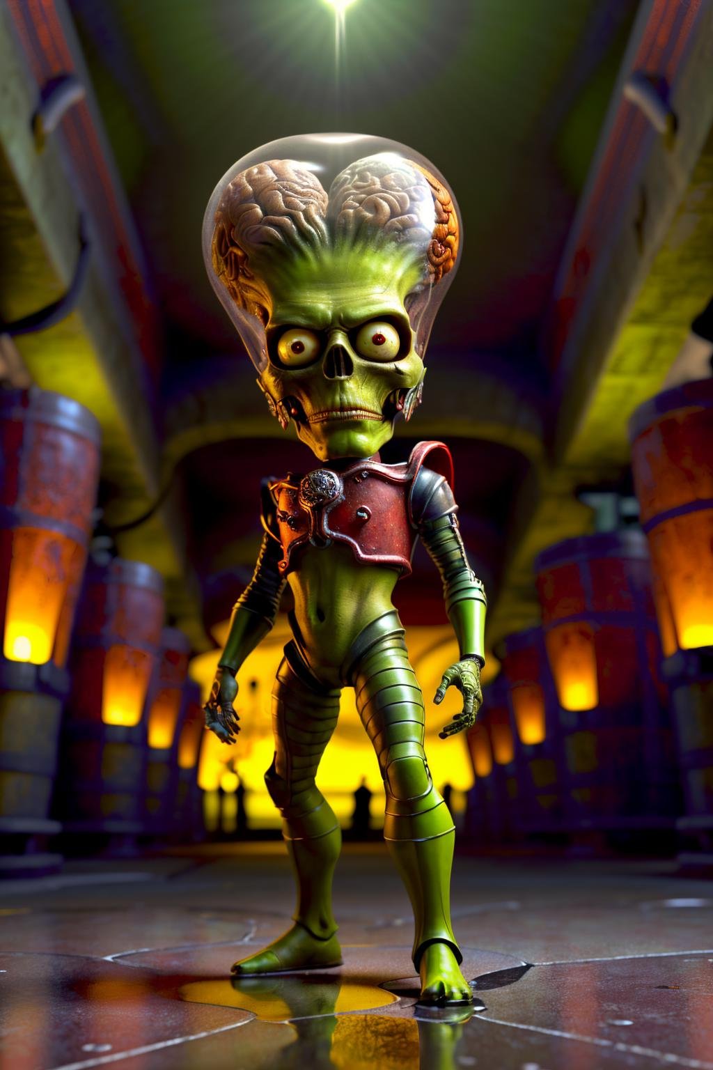 <lora:Mars Attacks_v1-000009:1> masterpiece, photorealistic highly detailed 8k Cinematic Tilt-Up from Ground to Sky, msttck, green skin, red eyes, Symmetrical Wine Cellars with Oak Barrels   