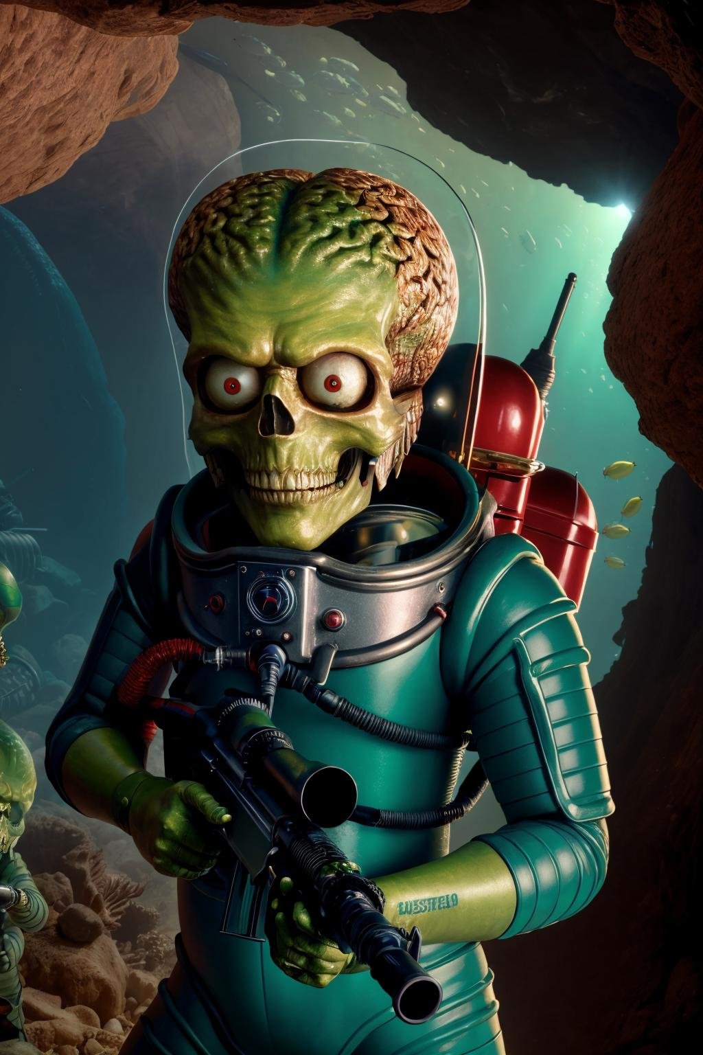 <lora:Mars Attacks_v1-000009:1> masterpiece, photorealistic highly detailed 8k Extreme Close-Up of a Subject's Eyes, best cinematic quality, volumetric lighting, msttck, green skin, red eyes, astronaut helmet, holding weapon, gun, Underwater Caves full of msttck around
