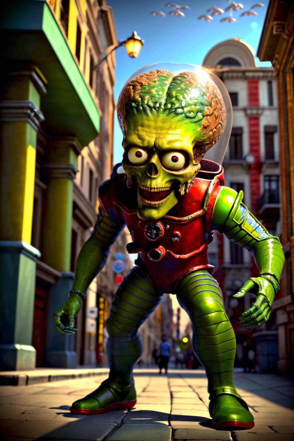 <lora:Mars Attacks_v1-000009:1> masterpiece, photorealistic highly detailed 8k Worm's Eye View from Ground Level, msttck, green skin, red eyes, Gondola Rides through Narrow Canals   