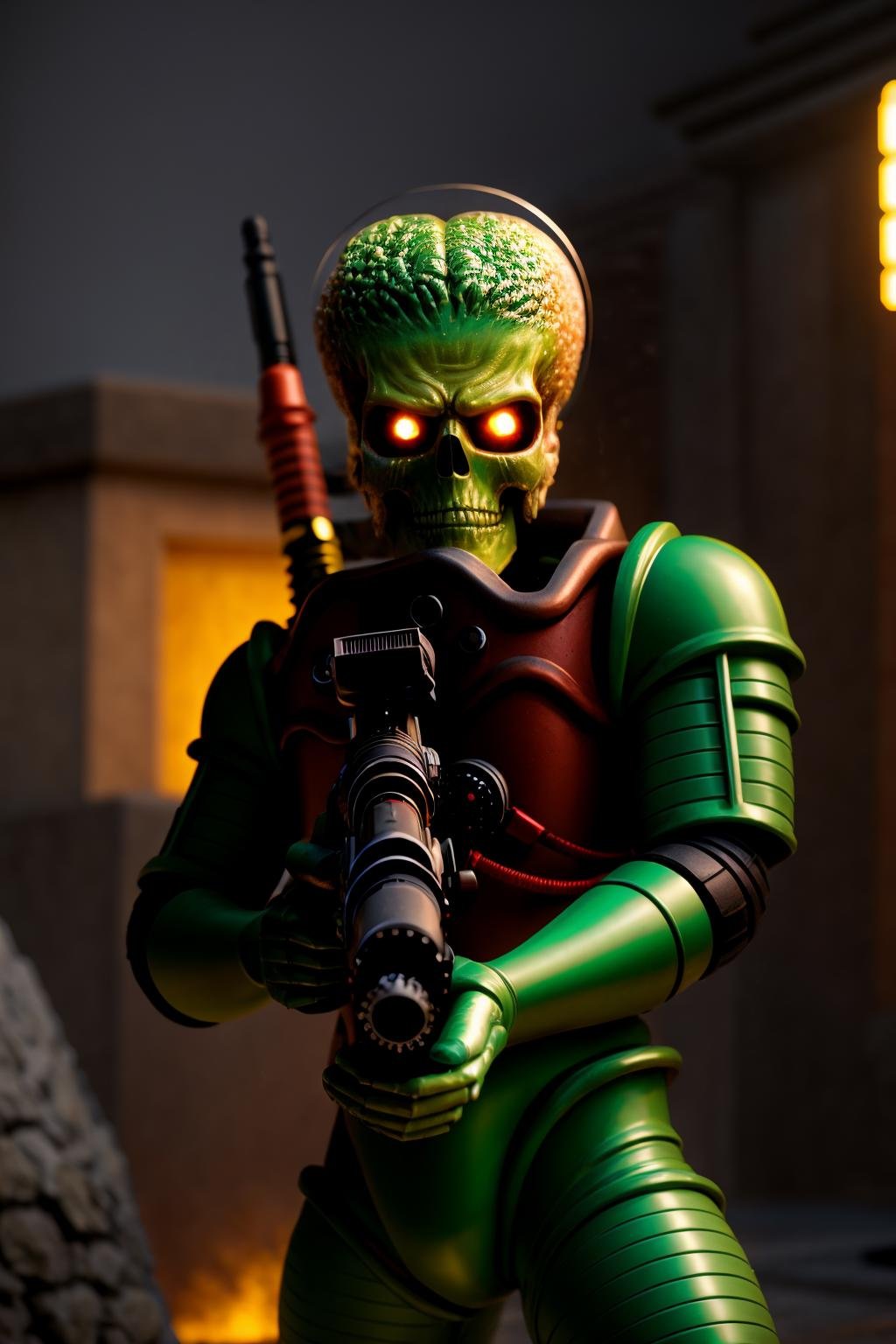 <lora:Mars Attacks_v1-000009:1> masterpiece, photorealistic highly detailed 8k Dramatic High-Angle Perspective, best cinematic quality, volumetric lighting, msttck, green skin, red eyes, holding weapon, gun, Gardens with Water Features