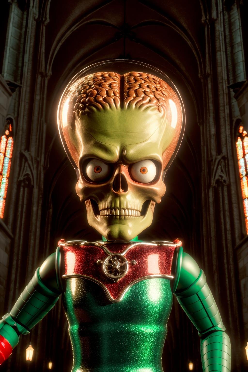 <lora:Mars Attacks_v1-000009:1> masterpiece, photorealistic highly detailed 8k Cinematic Dolly Zoom from High to Low, msttck, green skin, red eyes, Gothic Cathedrals at Night   