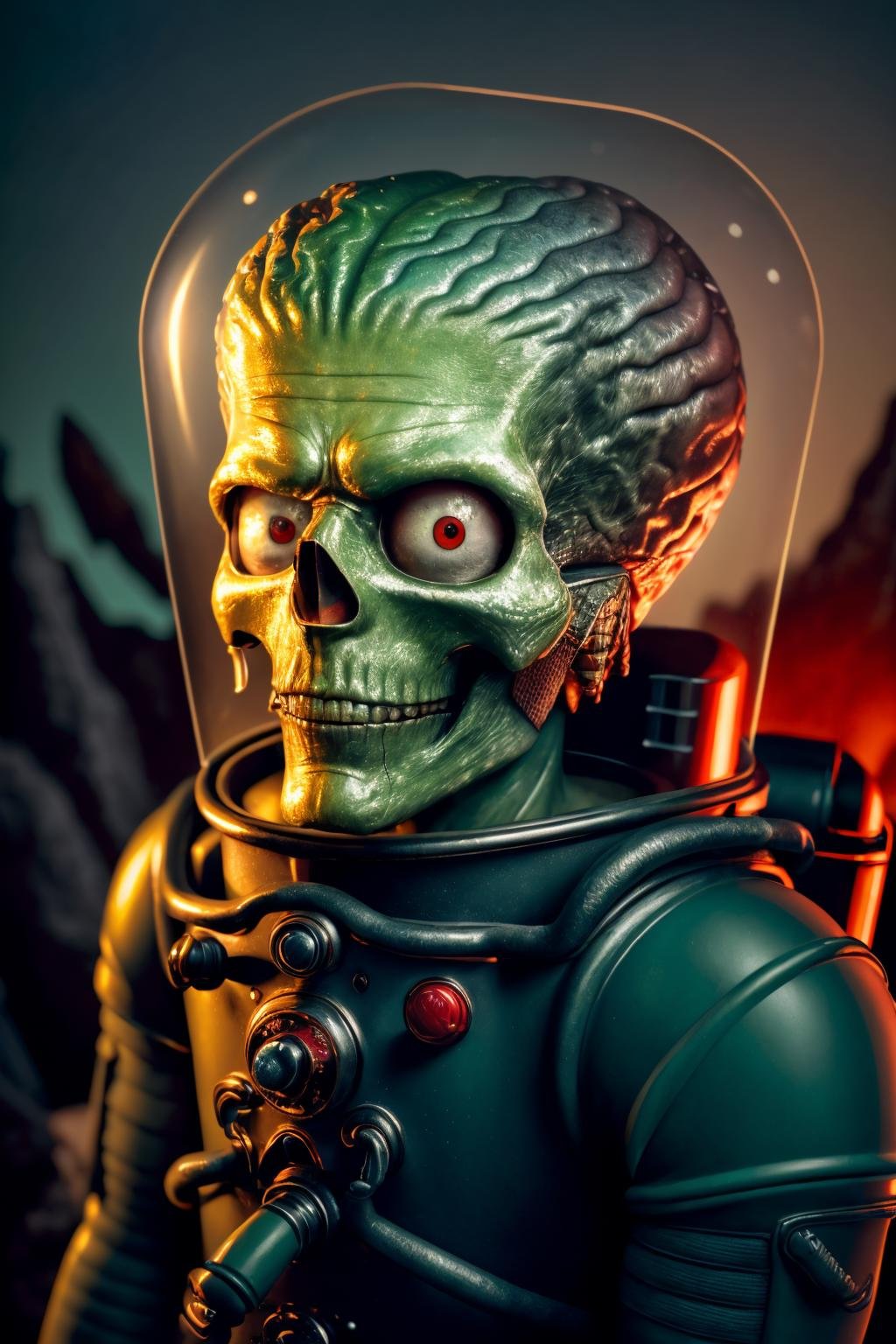 <lora:Mars Attacks_v1-000009:1> masterpiece, photorealistic highly detailed 8k Aerial Shot with Dramatic Cloud Formation, best cinematic quality, volumetric lighting, msttck, green skin, red eyes, astronaut helmet, __man_pose__, Glowing Ice Caves at Night full of busy msttck