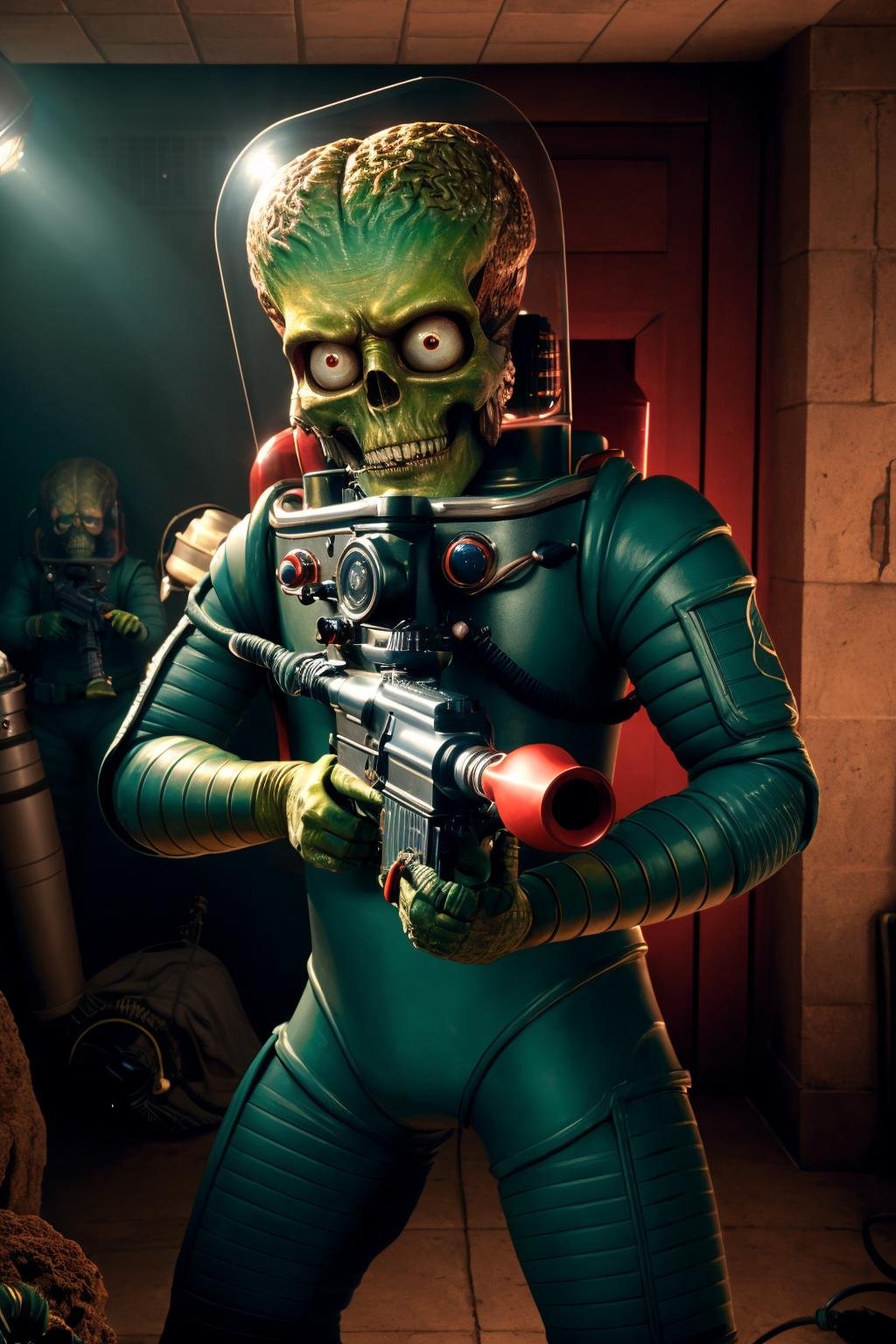 <lora:Mars Attacks_v1-000009:1> masterpiece, photorealistic highly detailed 8k Underwater Camera Perspective, best cinematic quality, volumetric lighting, msttck, green skin, red eyes, astronaut helmet, holding weapon, gun, Historic Architecture full of msttck around