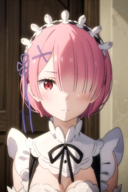 (((pixel-perfect, detail-perfect))), solo, 1girl,  <lora:ram-rezero-01:0.8>, ram, roswaal mansion maid uniform, maid headdress, looking at viewer, closed mouth