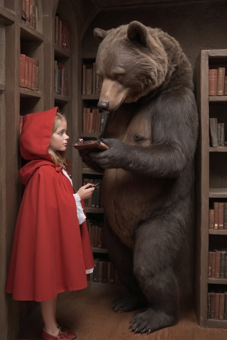 little red riding hood discusses makeup tips with momma bear in a fantasy old highly detailed two storey library,<lora:EMS-79948-EMS:1.000000>