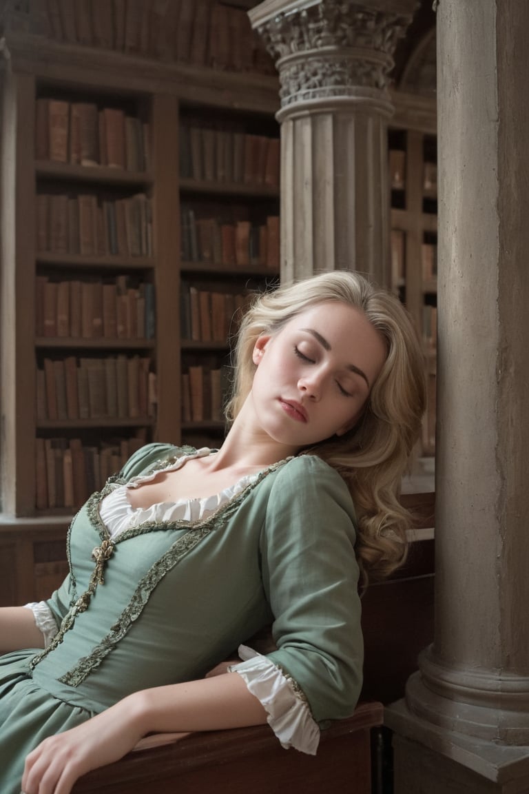 bored blonde sleeping librarian rests her head on the desk in a highly detailed 2 storey 18th century library,  pillars, window,