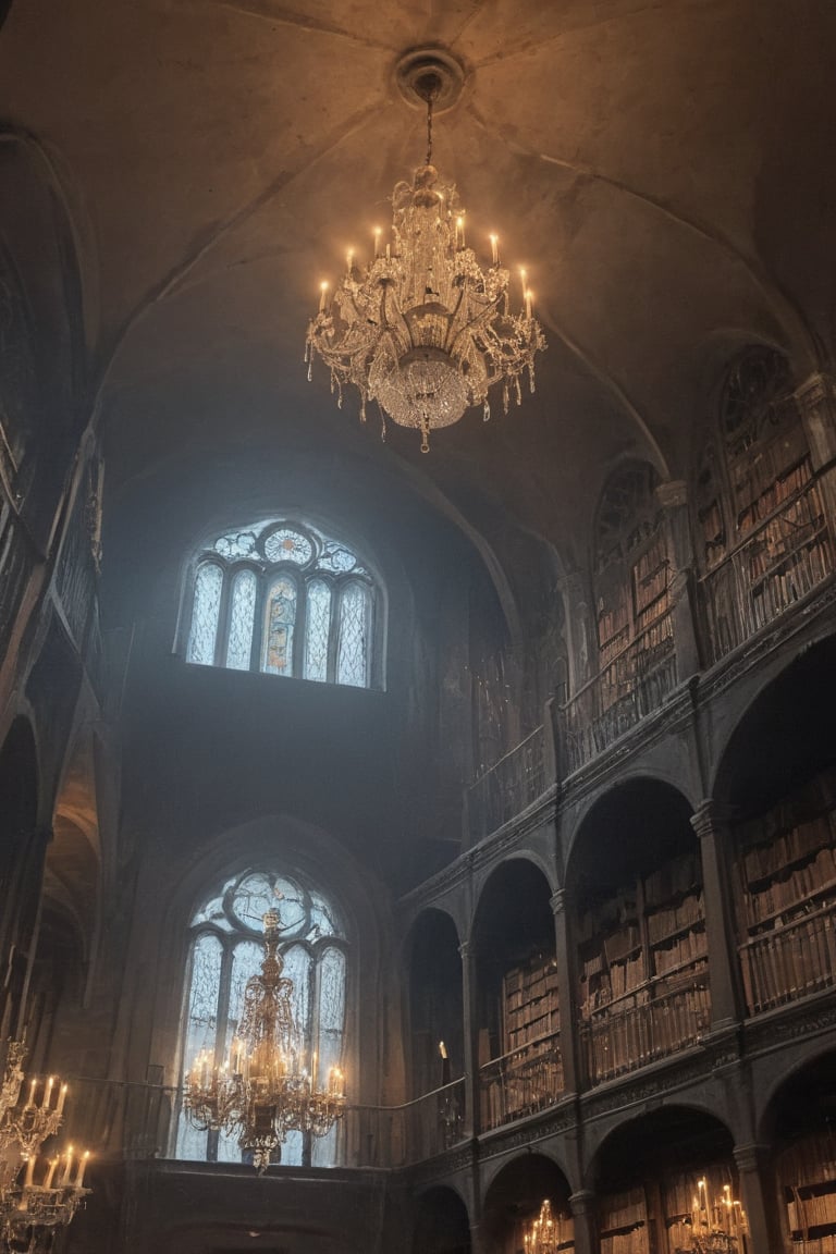 highly detailed 5+ storey 18th century library,  vaulted ceilings,  sparkling antique chandelier with dripping wax candles,  from below,<lora:EMS-79948-EMS:1.000000>