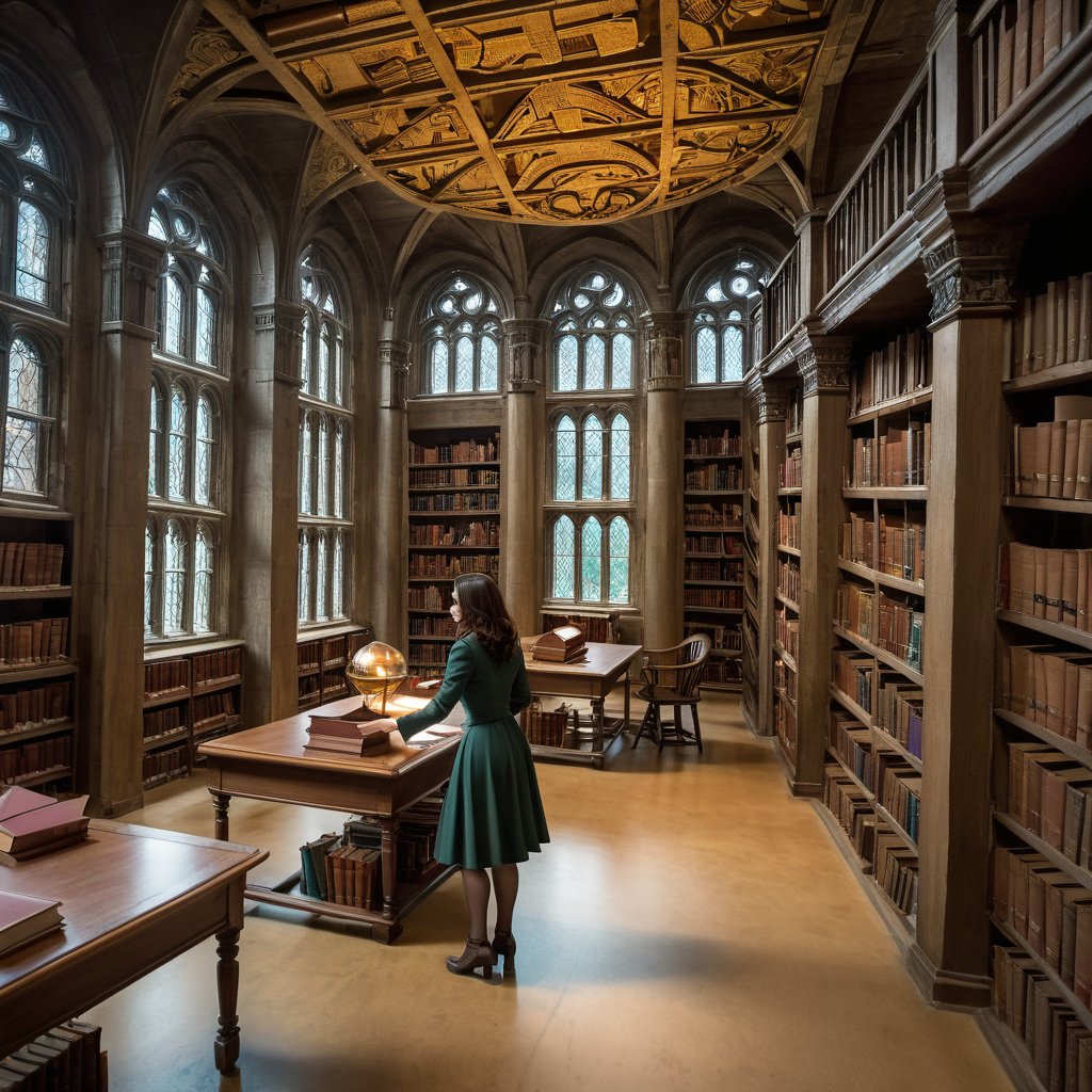 brunette woman librarian tries to catch all the dragonfles that somehow got indoors,  in highly detailed two storey old library,<lora:EMS-79948-EMS:1.000000>