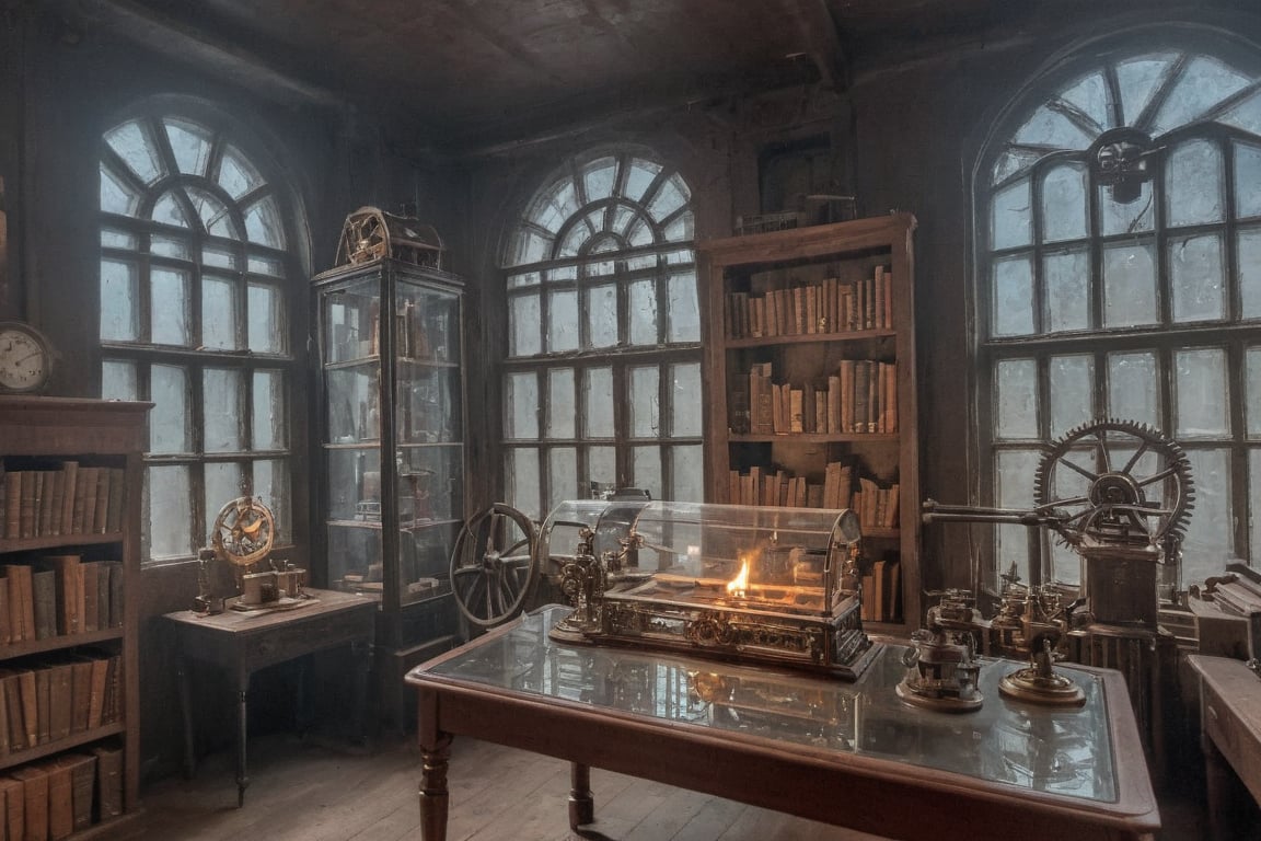 steampunk 19th century 2 storey library, gears under glass on tables, smoking steampunk contraption, window, 