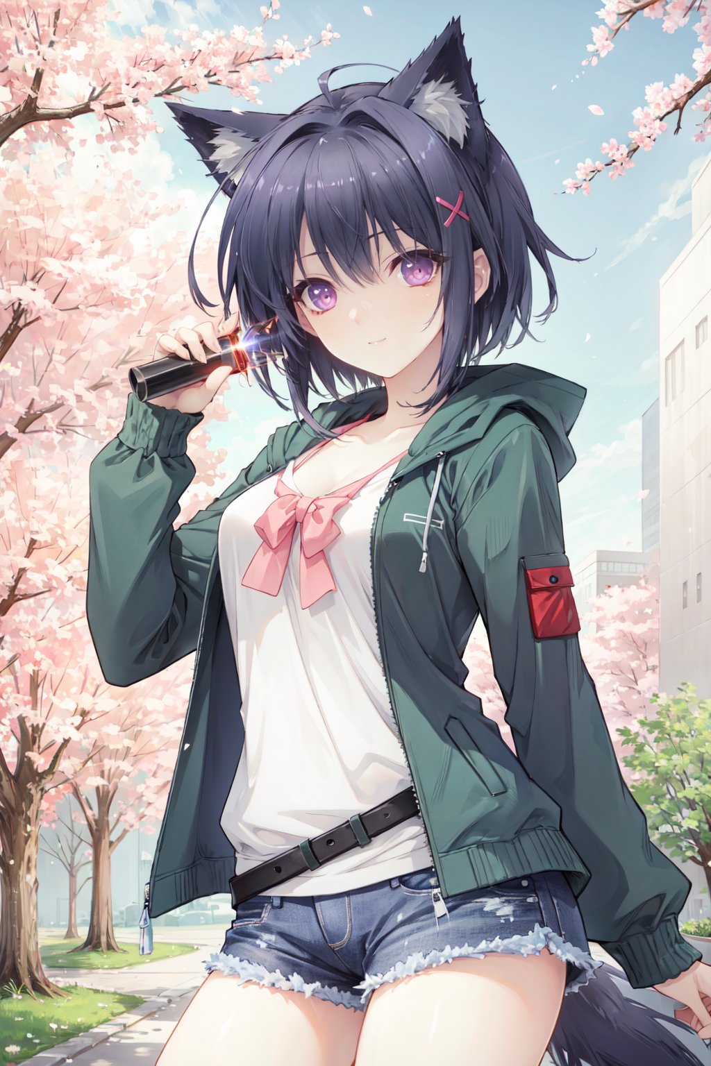 best quality,1 furry girl,ice blue hair,1girl,solo, fox ear,pink laser jacket,cherry blossom tree,8k, msn