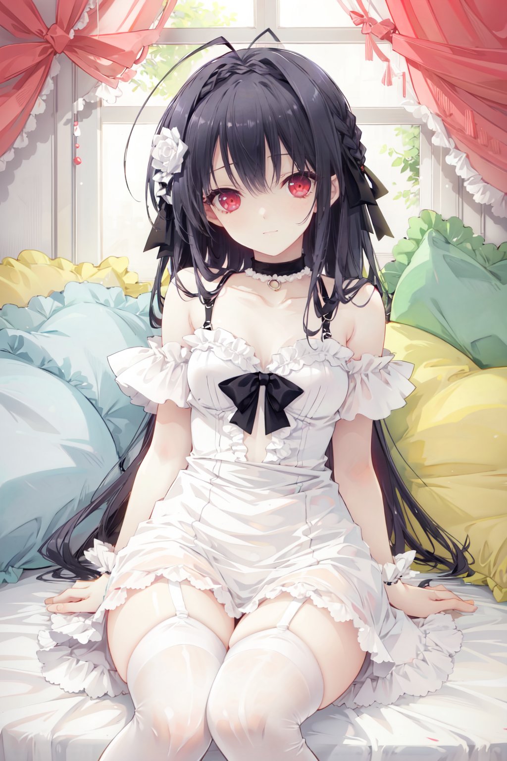 thighhighs, red eyes, 1girl, character doll, solo, long hair, dress, garter straps, white thighhighs, pillow, smile, frills, braid, wrist cuffs, choker, looking at viewer, antenna hair, sitting, white dress, ribbon, flat chest, hair ribbon, doll, bow, collarbone