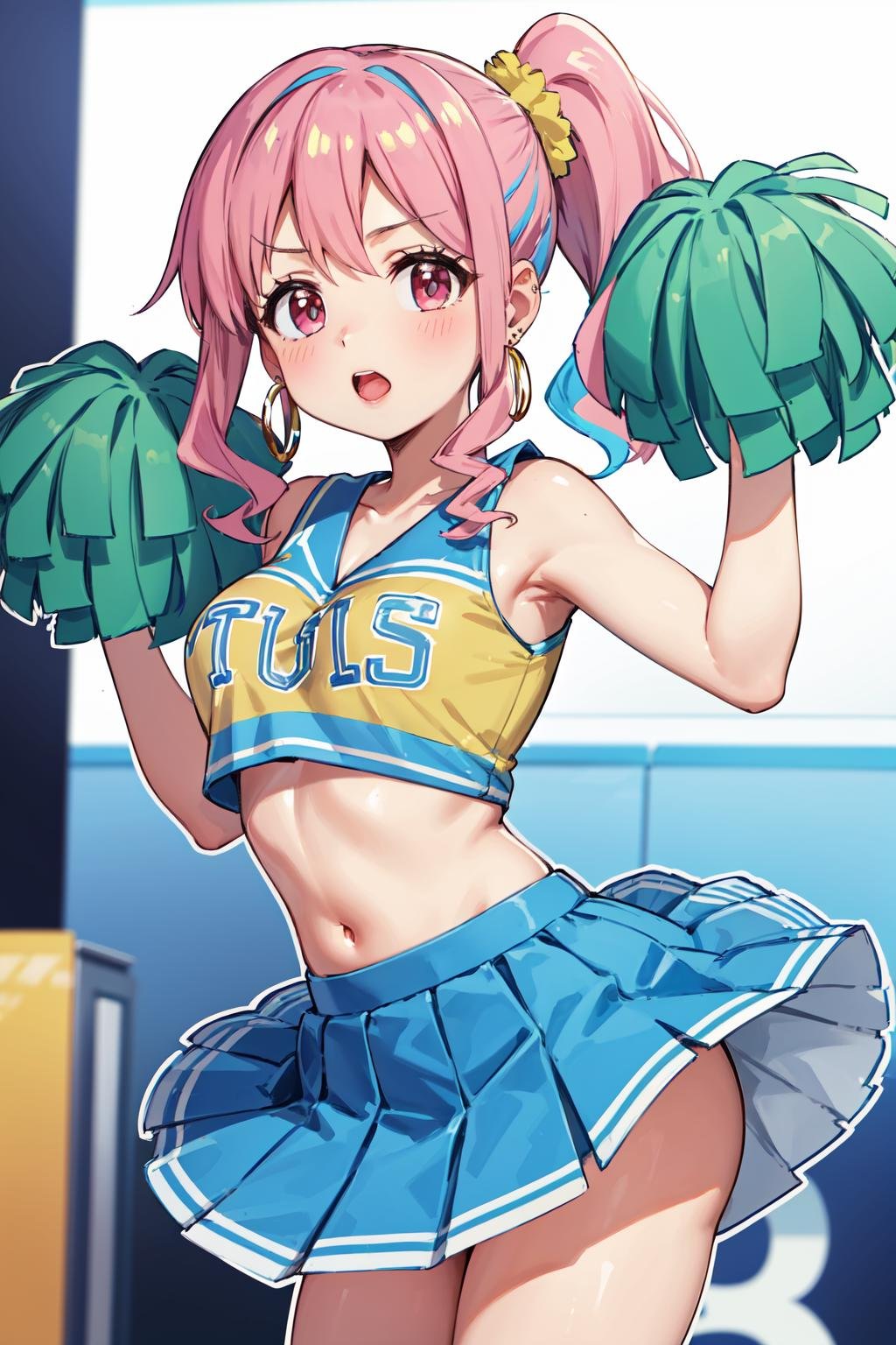 masterpiece,best quality,highres,ultra-detailed,cckaede,two-tone hair,side ponytail,sidelocks,hair scrunchie,gyaru,earrings,<lora:hozuki_kaede:0.8>,cheerleader,skirt,pom pom \(cheerleading\),holding pom poms,